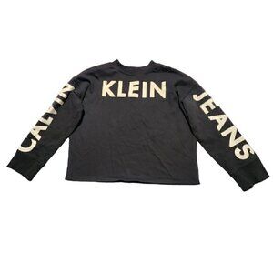 Calvin Klein Crop Sweatshirt Womens Fleece Crew Spell Out Logo Black Size Large